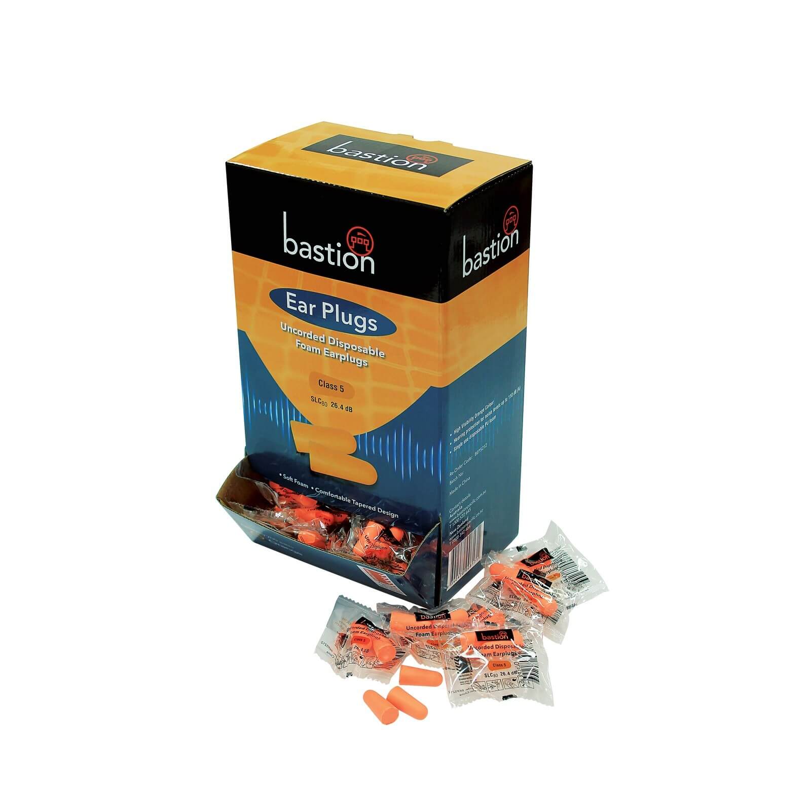 Bastion  PU Foam Earplugs, Class 5, Orange, Uncorded - Box/200 Pairs