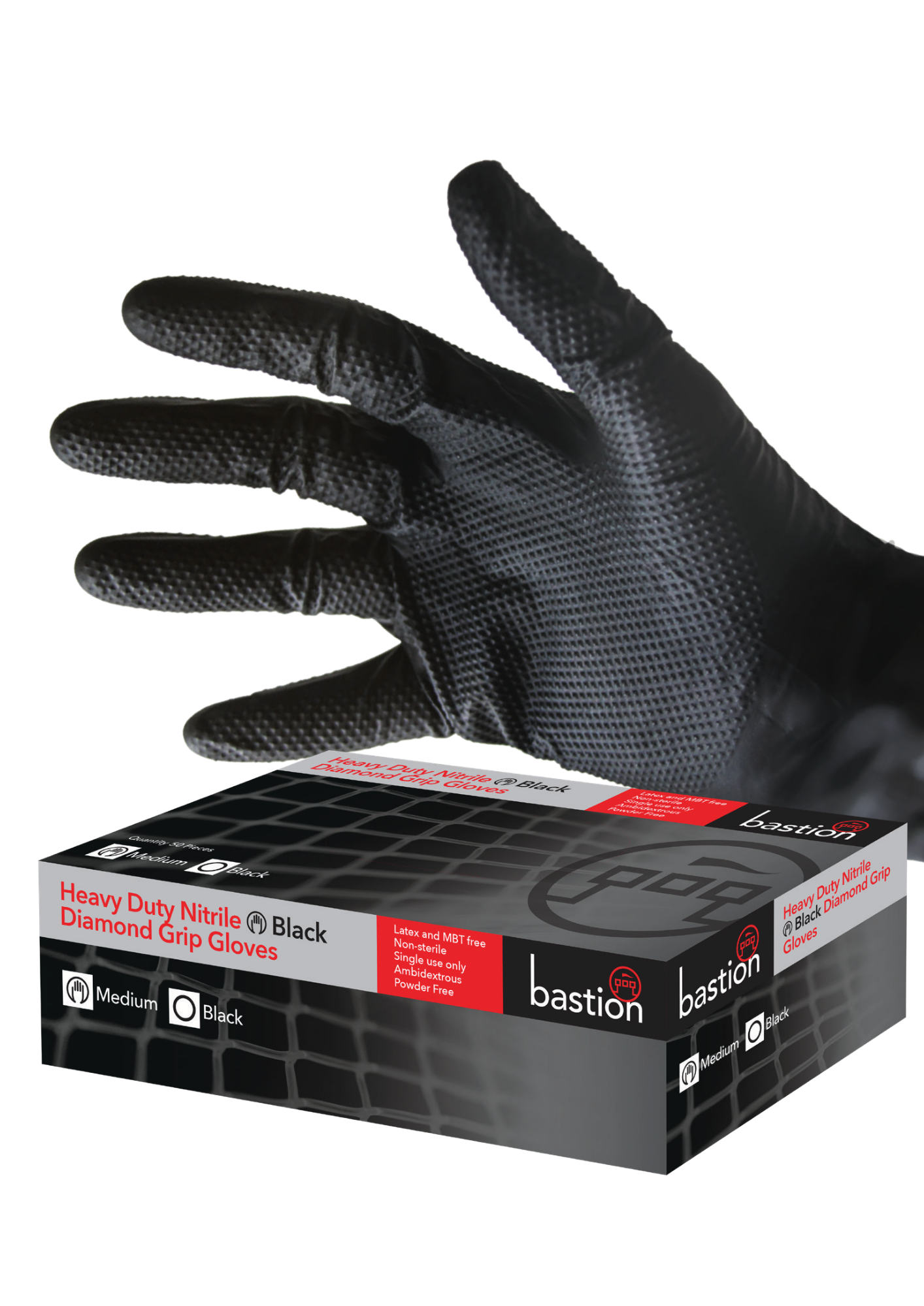 Bastion Heavy Duty Nitrile Diamond Grip Black Gloves x 50 | Large